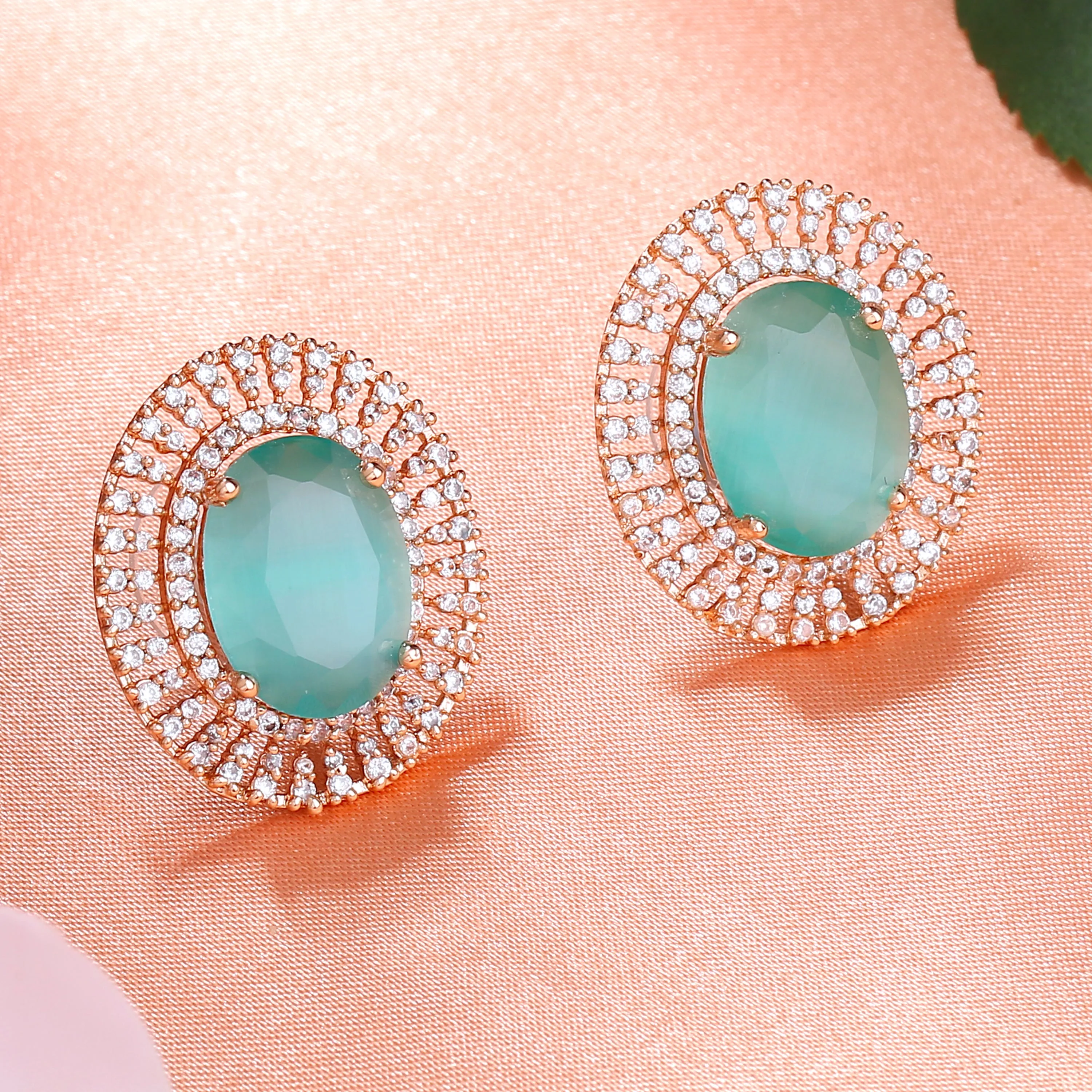 Estele Rose Gold Plated CZ Circular Designer Stud Earrings with Mint Green Stones for Women