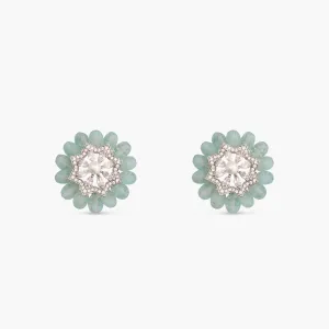 Floral Charm CZ Mint Beads & Pearl Stud Earrings