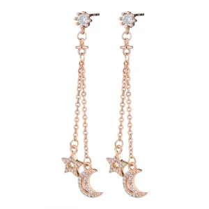 Fringed Zircon Star Moon Long Silver Drop Earrings for Women