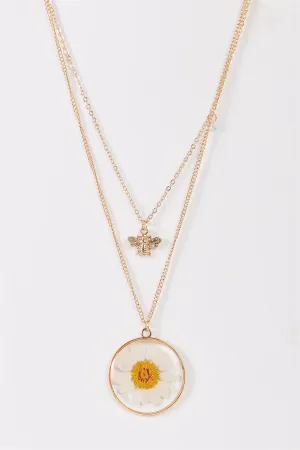 Gold Chain Real Daisy Bee Faux Diamond Pendants Necklace