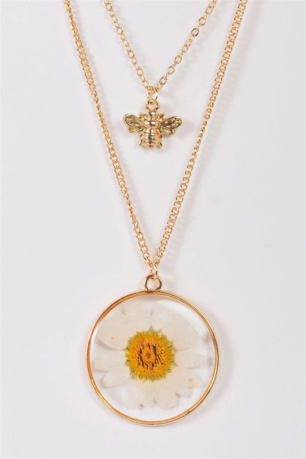 Gold Chain Real Daisy Bee Faux Diamond Pendants Necklace