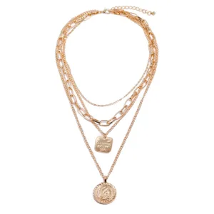 Gold Coin Pendant Multi-layer Necklace with Ethnic Style Embellishments