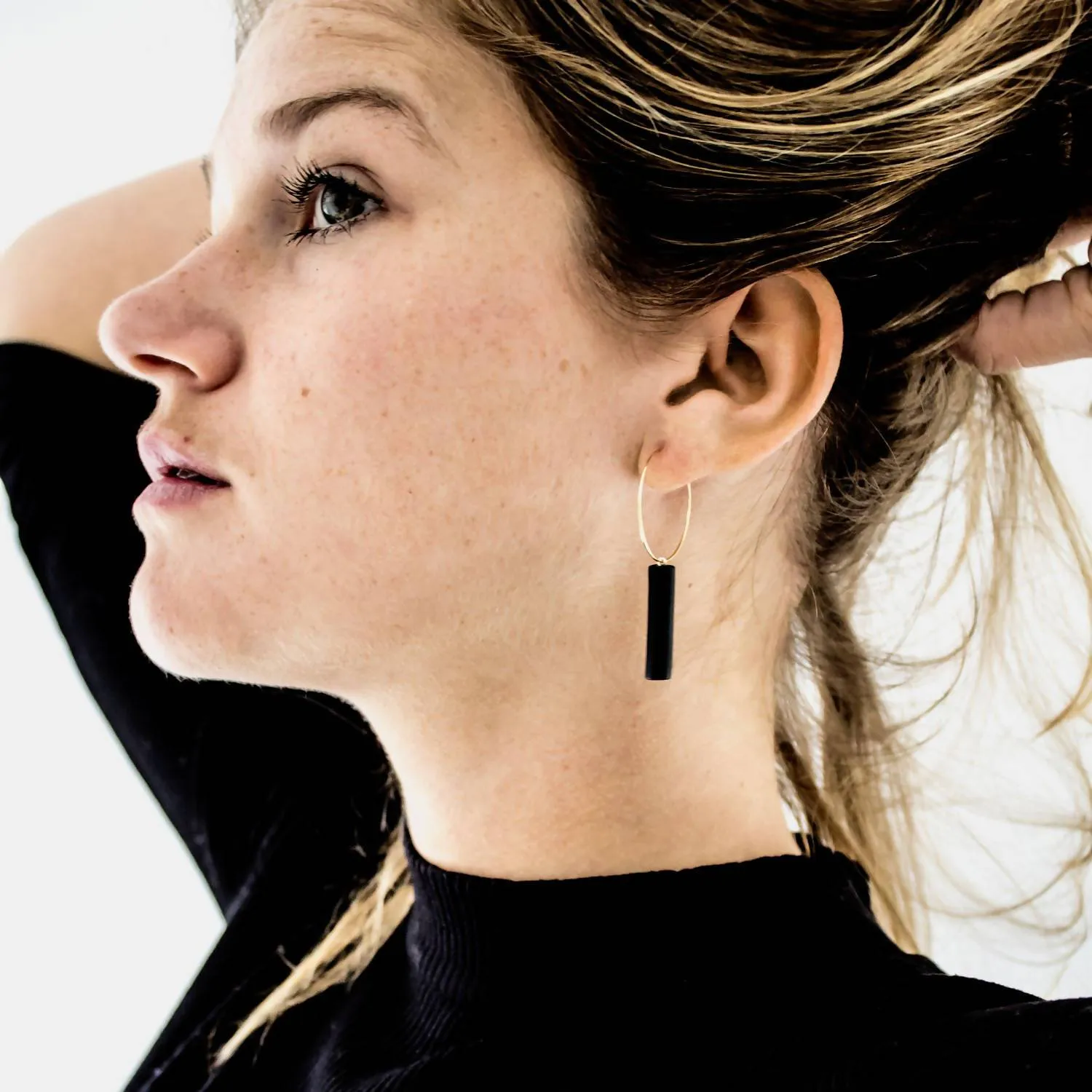 Gold Hoop Earrings - Black Bar Pedant