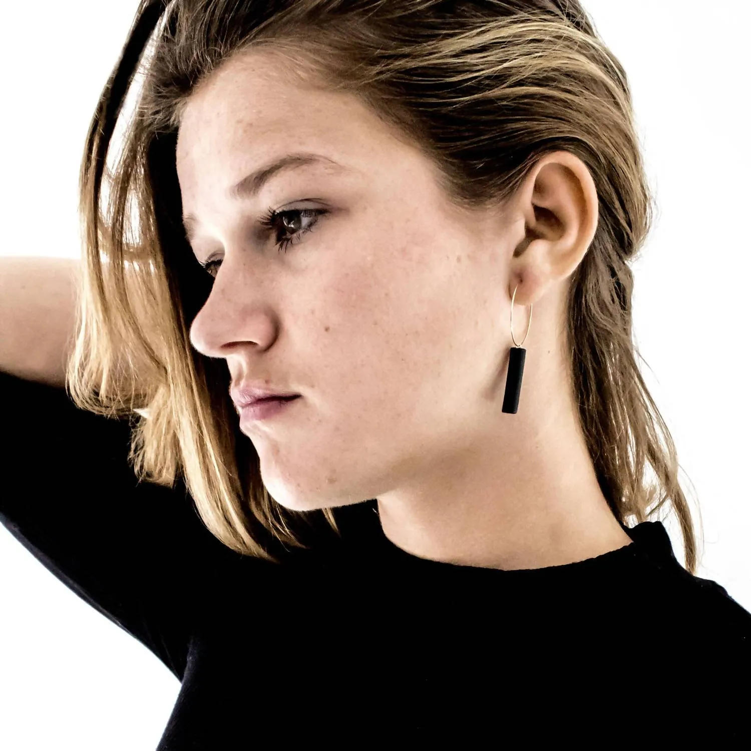 Gold Hoop Earrings - Black Bar Pedant