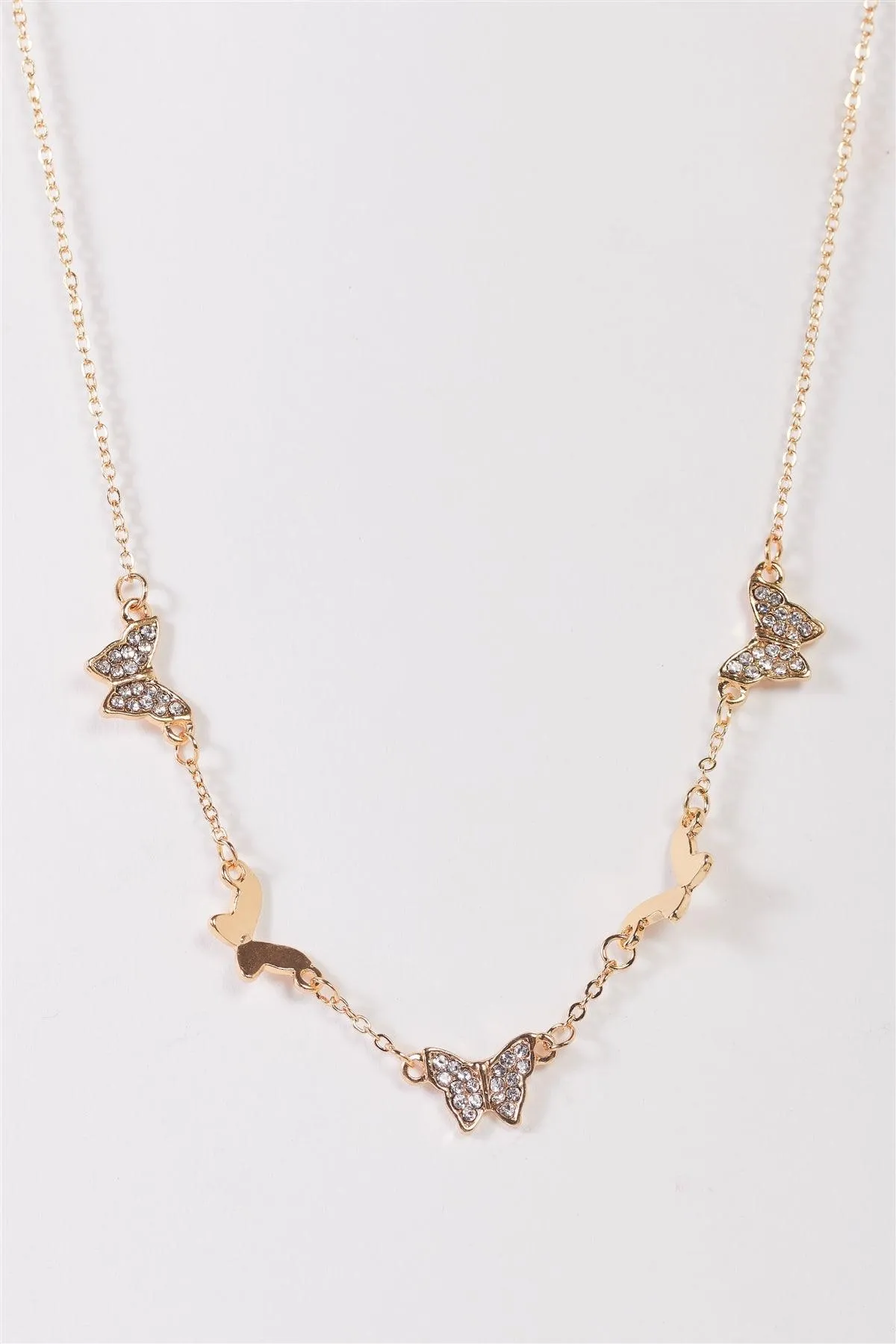 Gold Thin Linked Chain Crystal Butterfly Pendants Necklace