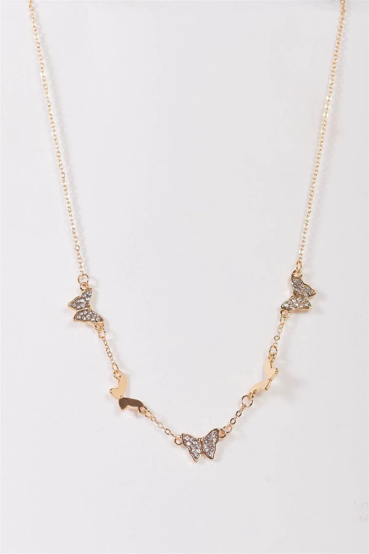 Gold Thin Linked Chain Crystal Butterfly Pendants Necklace