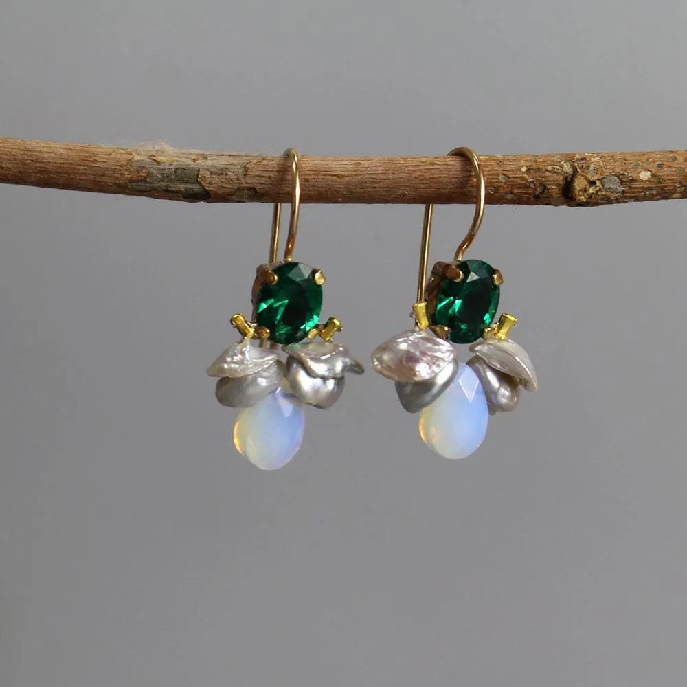 Green Glass Opalite Bee Earrings