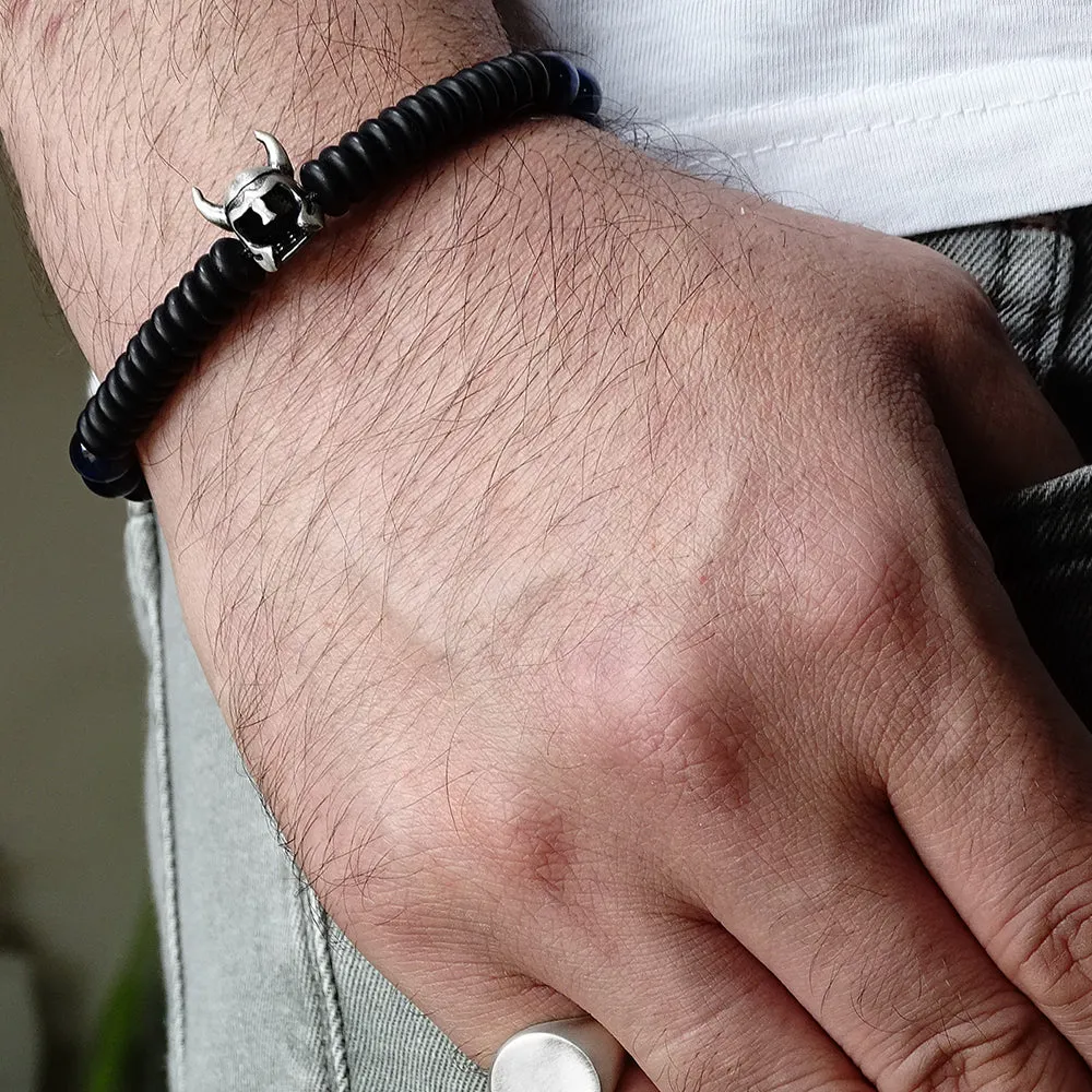 Handmade Bracelet for Man with Tiger's Eye Beads and 925 Silver Viking Helmet