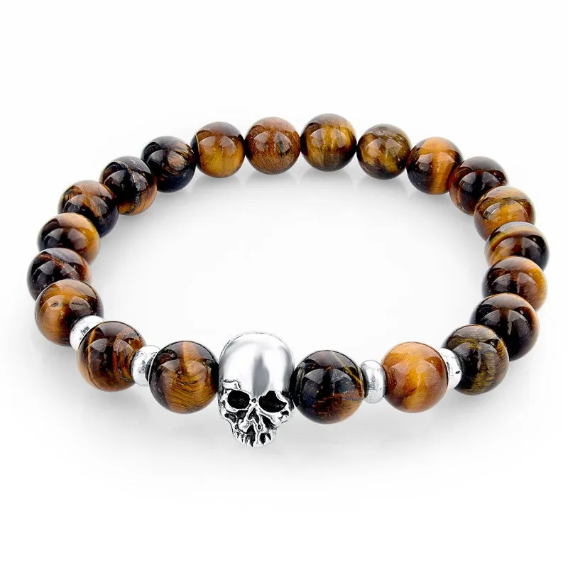 Handmade Tiger Eye Natural Stone Skull Bracelets & Bangles Black Lava Beads Bracelets For Women Men Jewelry