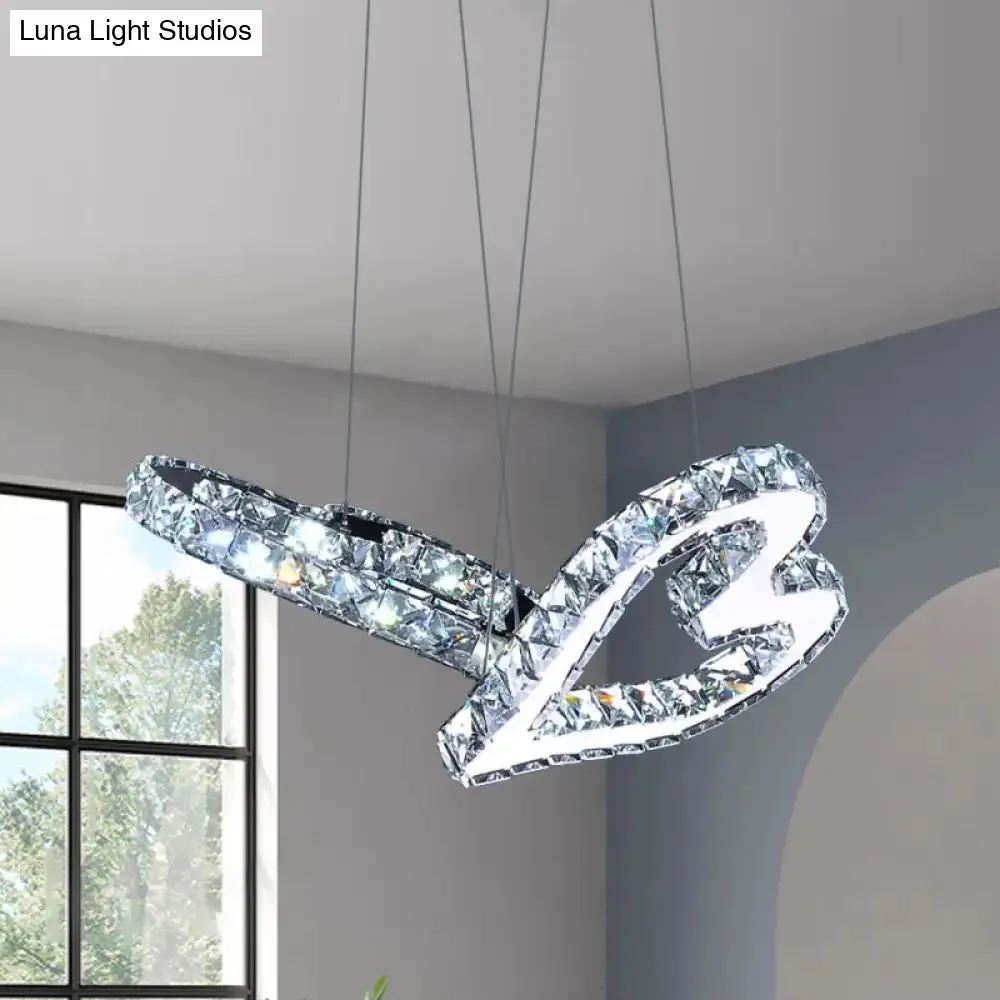 Heart Pendant Crystal LED Ceiling Lamp in Stainless Steel with Warm/White Light for Modern Bedrooms