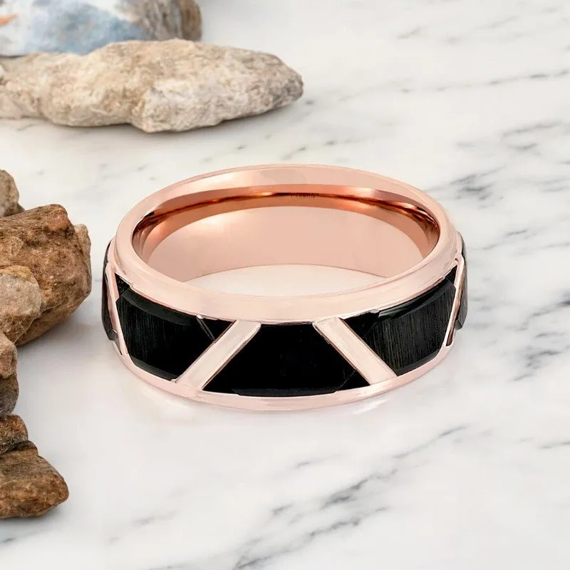 HILVEN | Rose Gold Tungsten Ring, Black Trapezoids Design, Stepped Edge