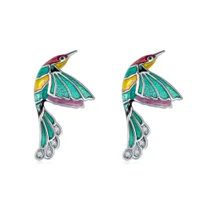 Hummingbirds Green Enamel Silver Stud Earrings