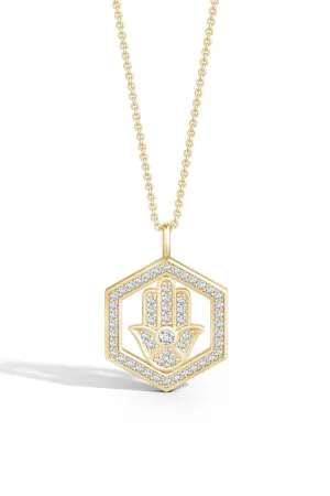 Indochine Spirit 14k Hexagon Frame Hamsa Pave Diamond Pendant Necklace