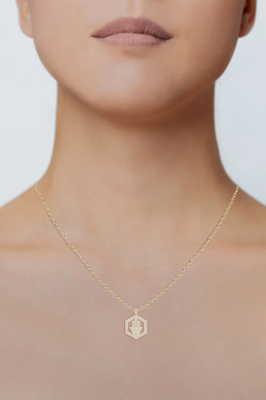 Indochine Spirit 14k Hexagon Frame Hamsa Pave Diamond Pendant Necklace