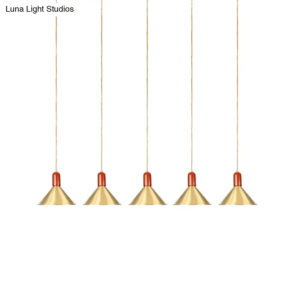 Industrial Tandem Pendant Ceiling Lamp - Conical Metallic Gold Finish, 3/5/7 Lights