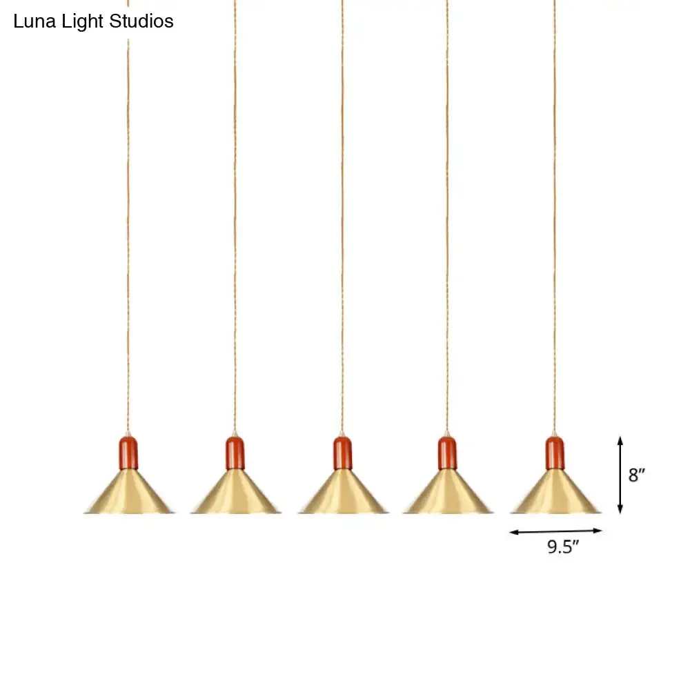 Industrial Tandem Pendant Ceiling Lamp - Conical Metallic Gold Finish, 3/5/7 Lights