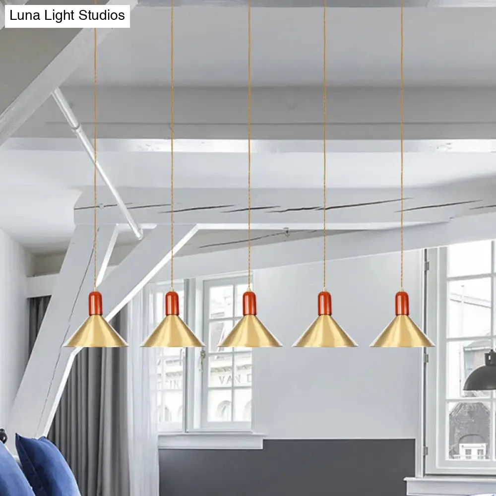 Industrial Tandem Pendant Ceiling Lamp - Conical Metallic Gold Finish, 3/5/7 Lights