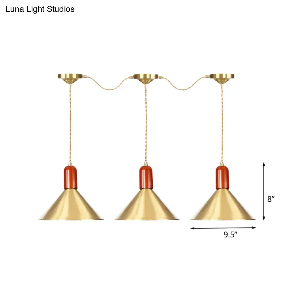 Industrial Tandem Pendant Ceiling Lamp - Conical Metallic Gold Finish, 3/5/7 Lights