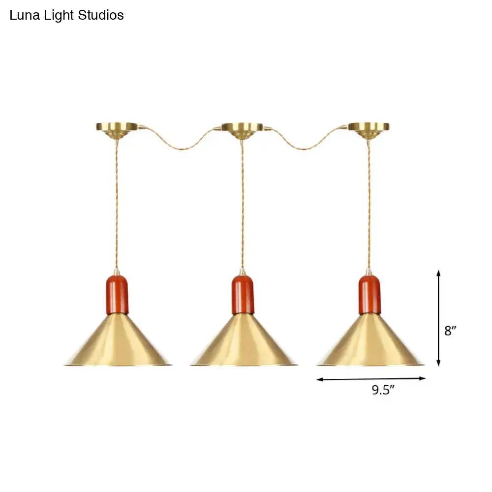 Industrial Tandem Pendant Ceiling Lamp - Conical Metallic Gold Finish, 3/5/7 Lights