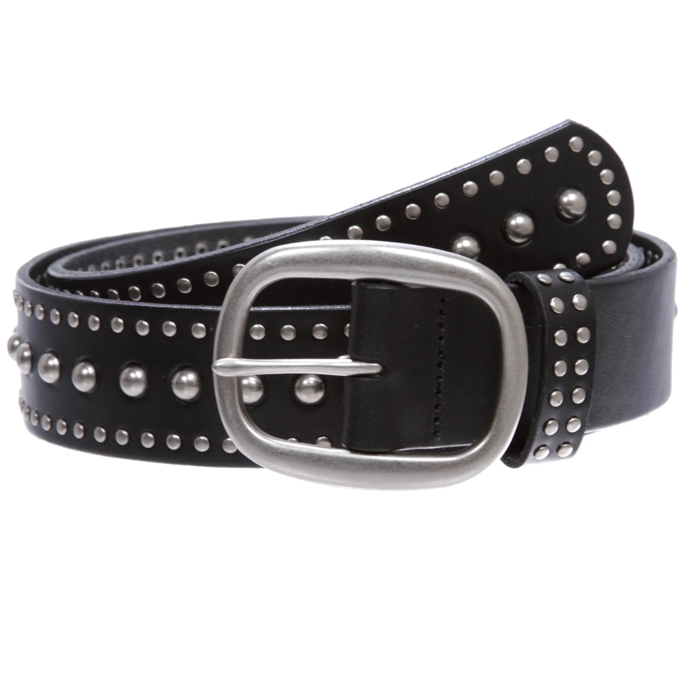 Ladies Oval Buckle Metal Circle Studded Leather Belt