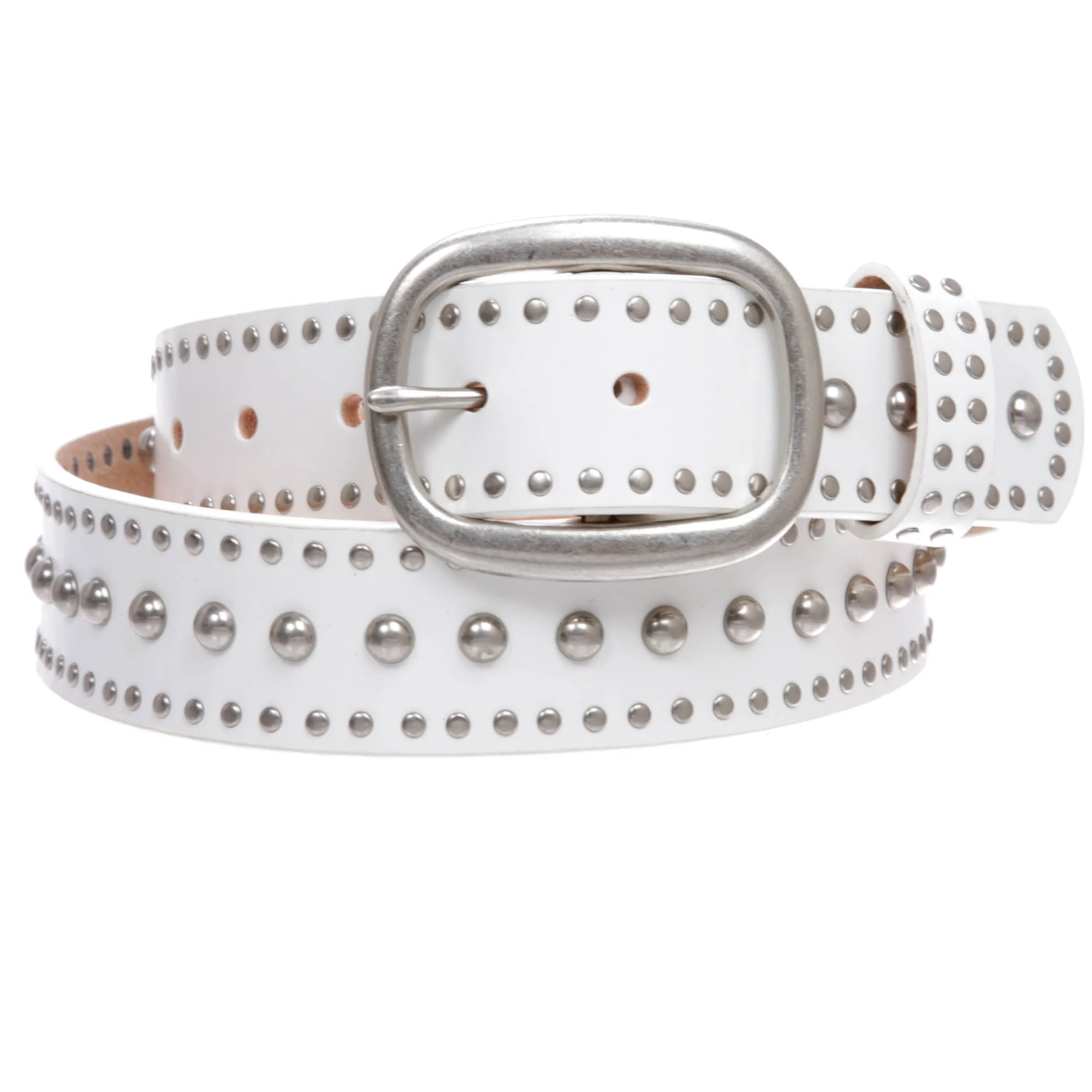 Ladies Oval Buckle Metal Circle Studded Leather Belt