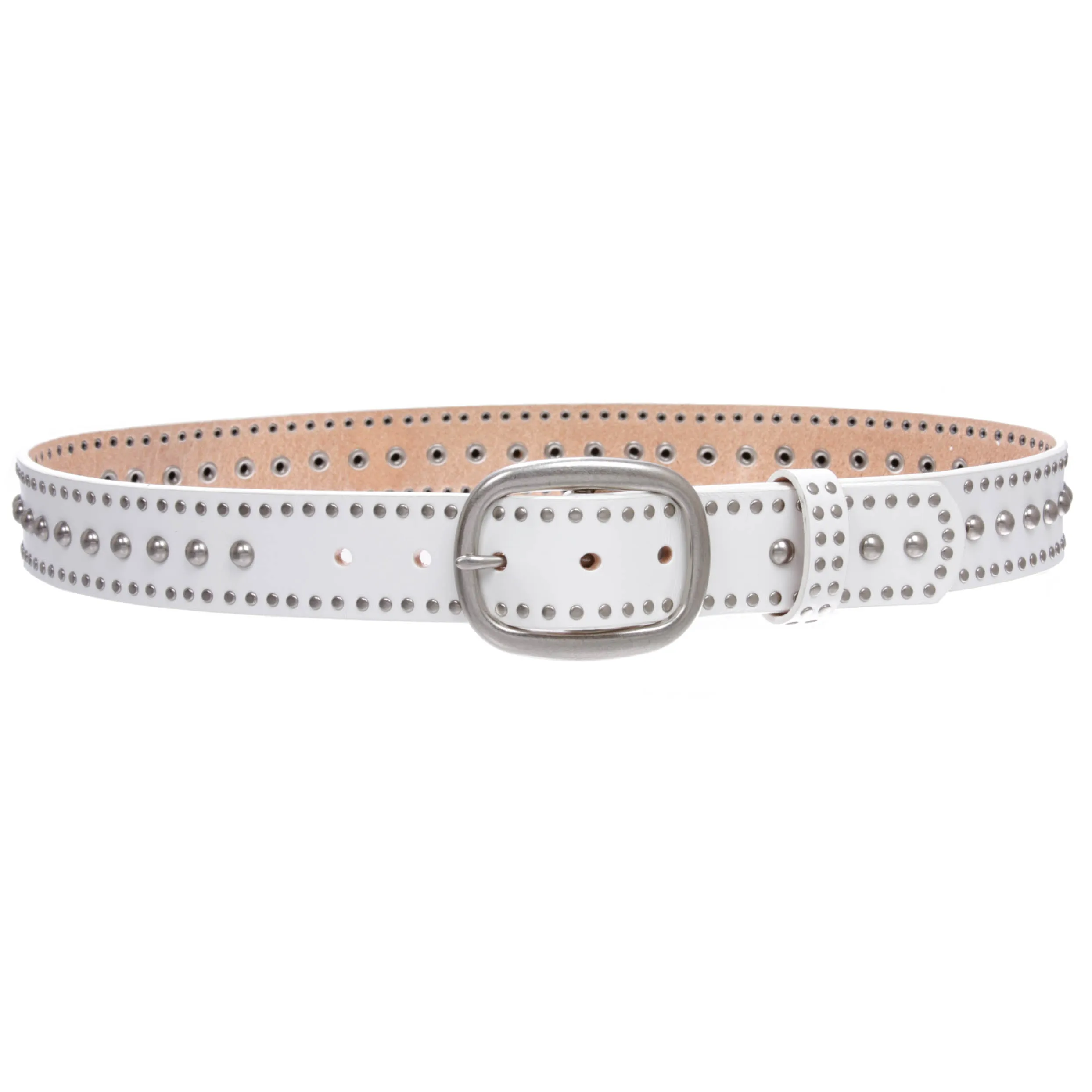 Ladies Oval Buckle Metal Circle Studded Leather Belt