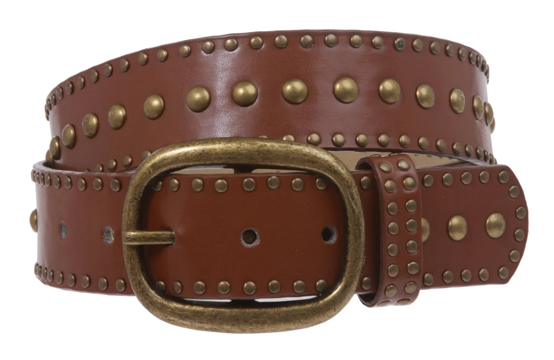 Ladies Oval Buckle Metal Circle Studded Leather Belt