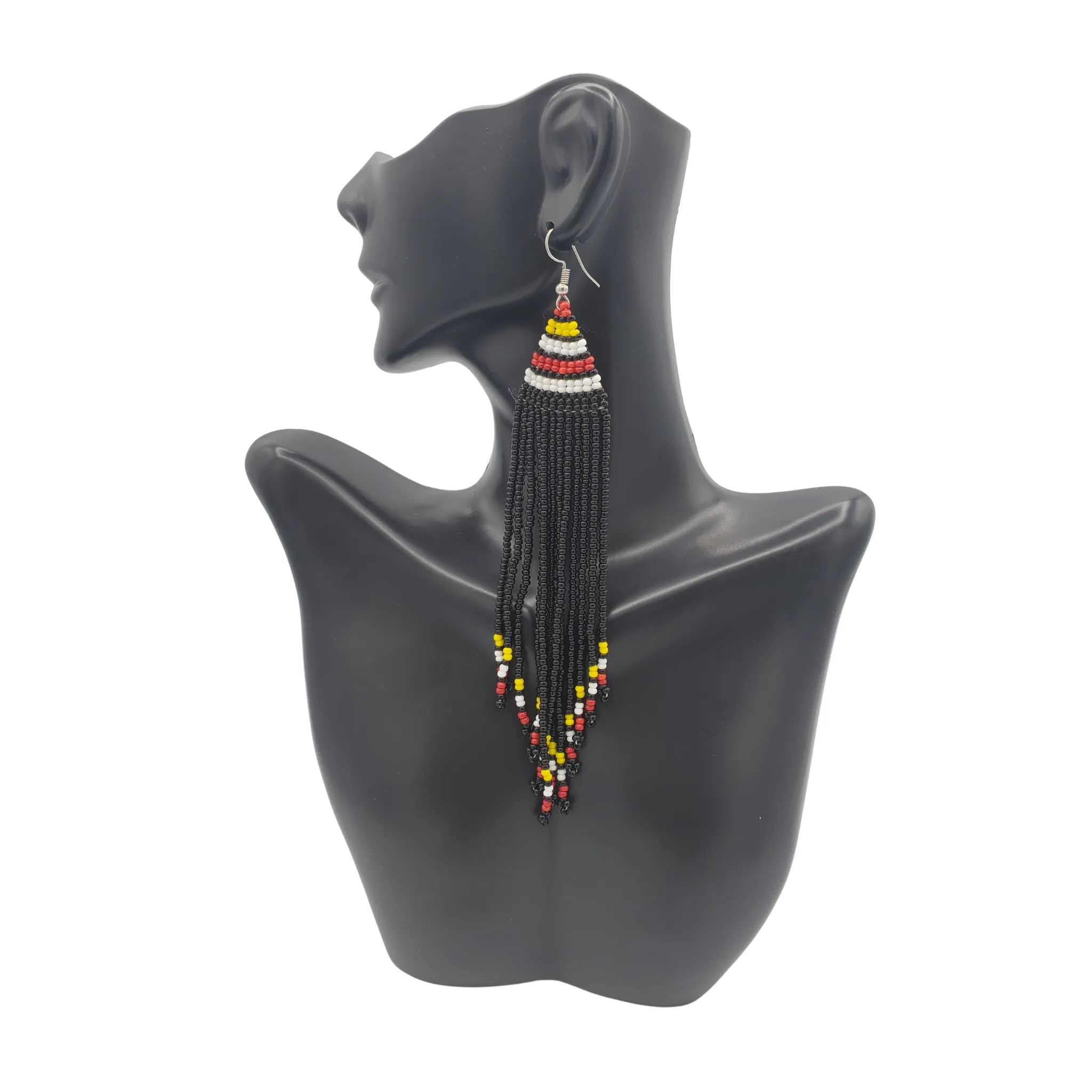 Long Beaded Tribal Earrings, Black