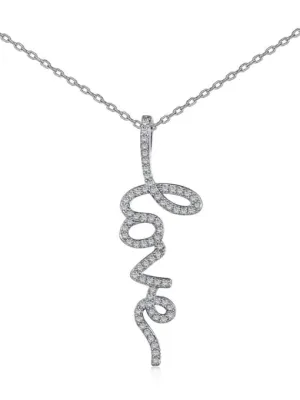 Love Necklace 925 Sterling Silver Vertical Luxury Love in Cursive Dianty Statement Necklace