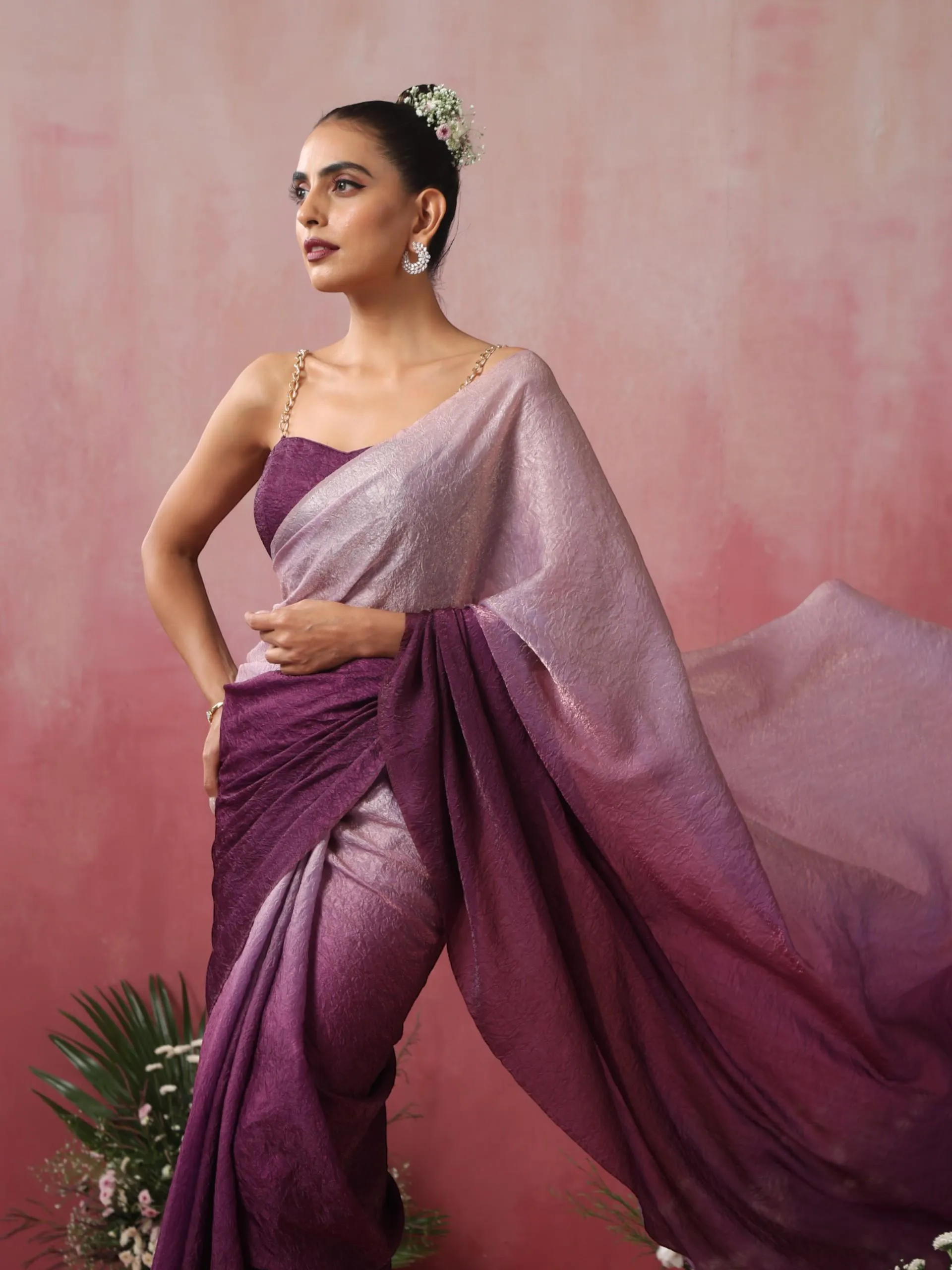 Mauve Twist Ombre Crushed Metallic Satin Saree with Blouse Fabric