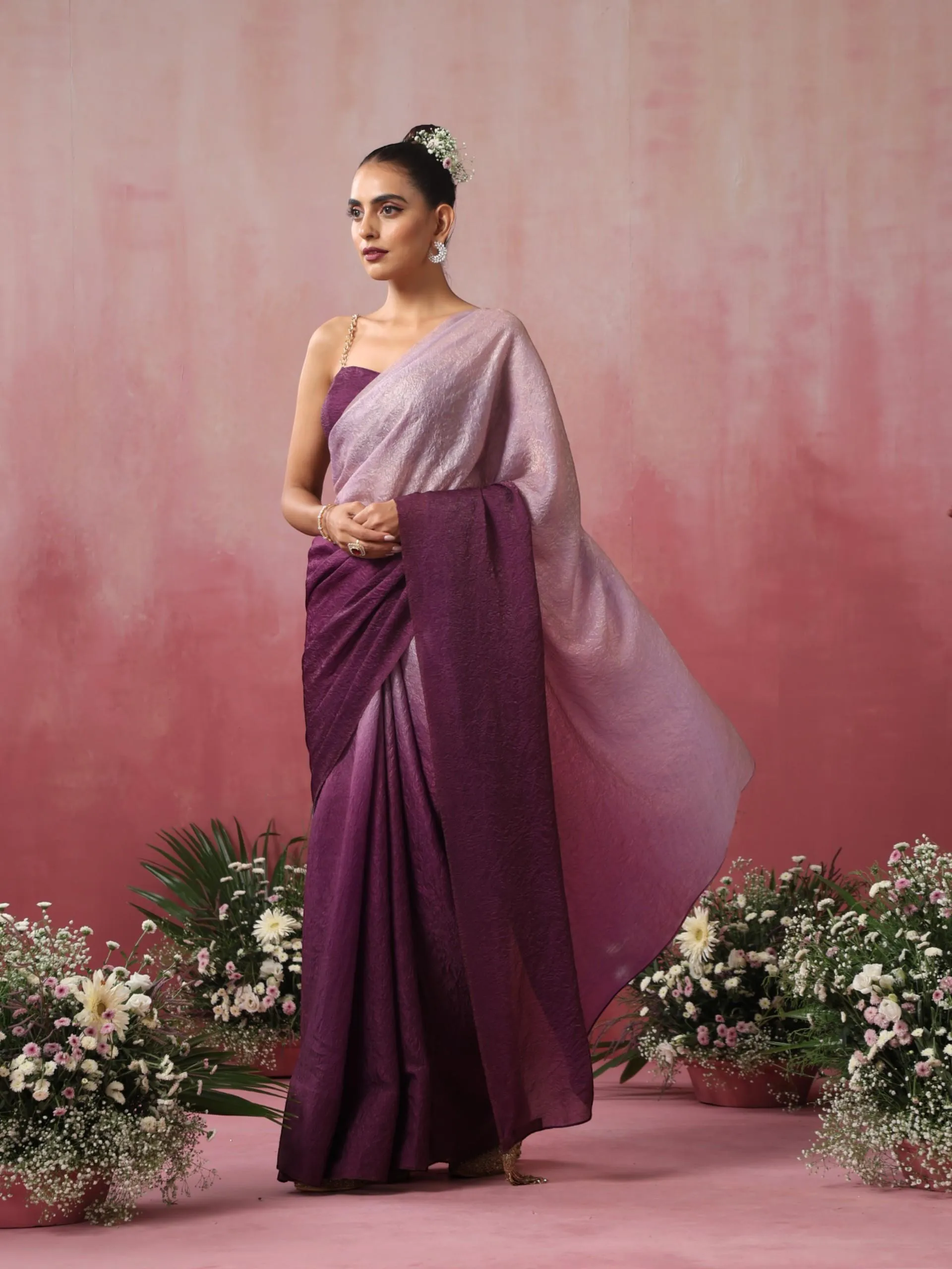 Mauve Twist Ombre Crushed Metallic Satin Saree with Blouse Fabric