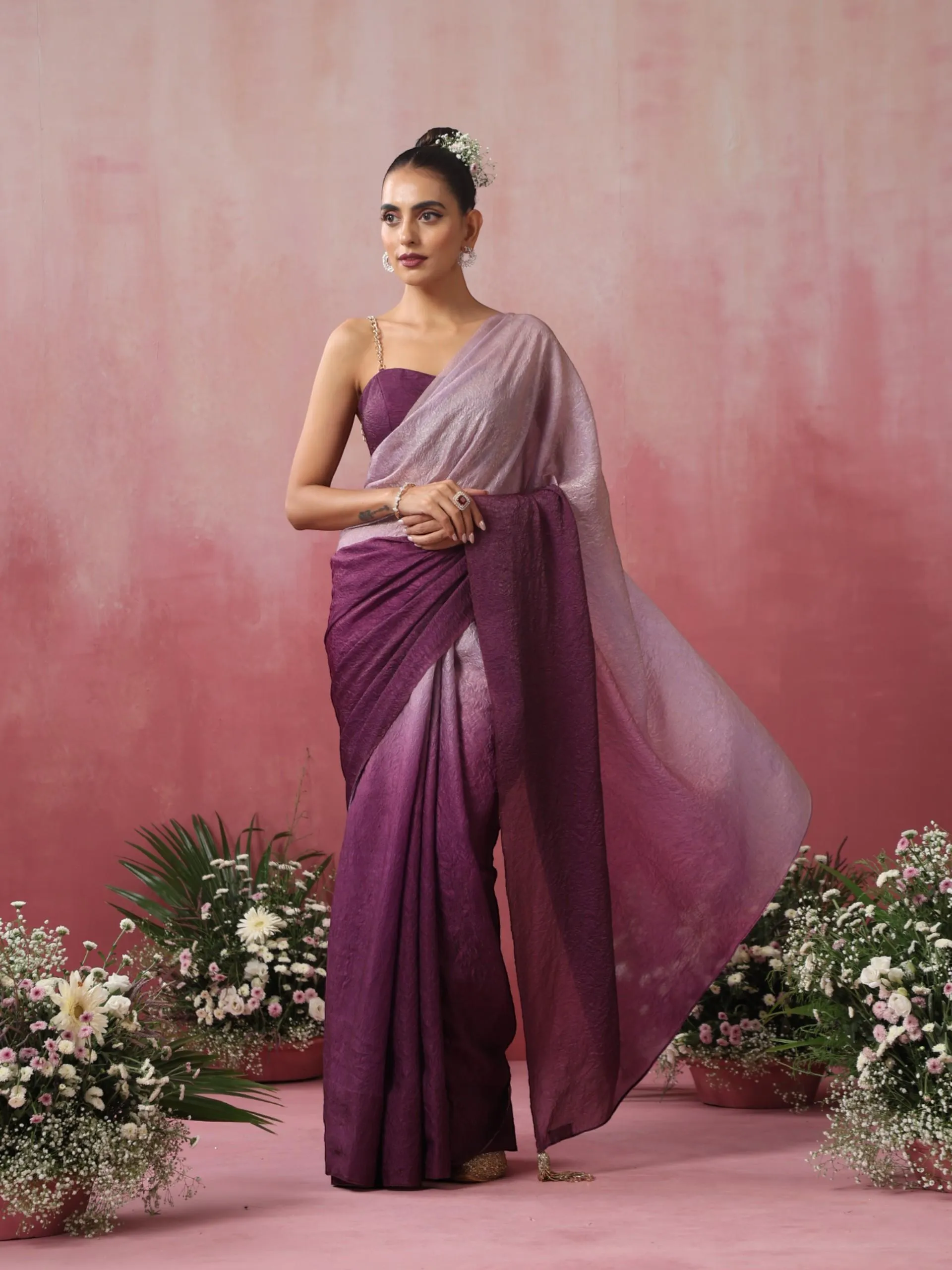 Mauve Twist Ombre Crushed Metallic Satin Saree with Blouse Fabric