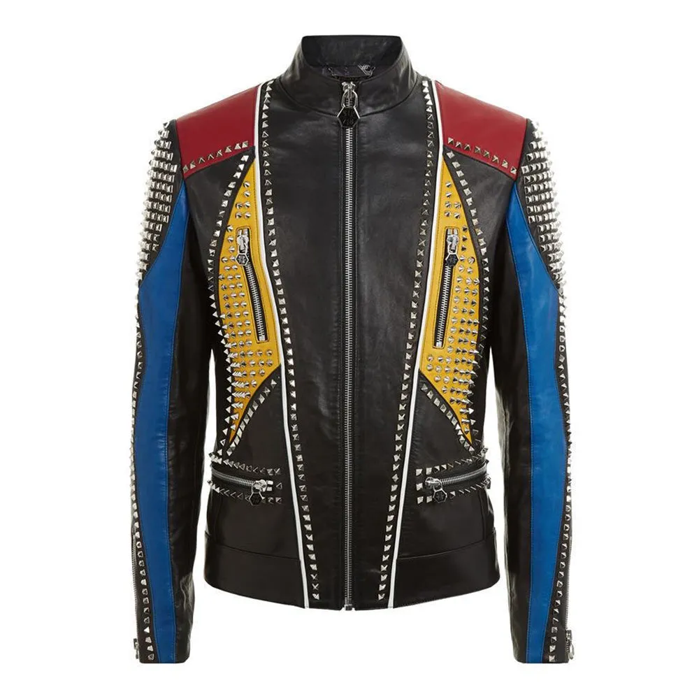 Men Handmade Multi color Philipp Full Studded Leather Jacket