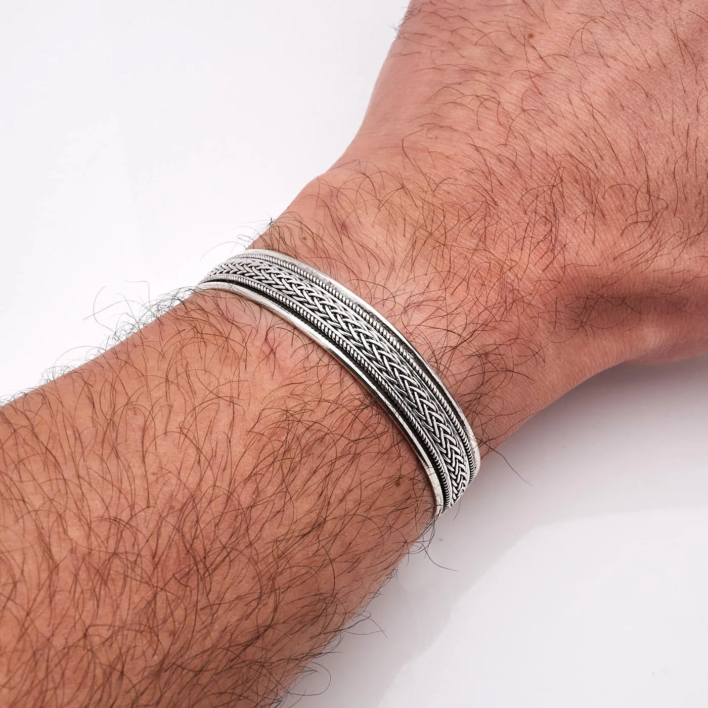 Men's Solid Silver Bangle Bracelet | 925 Sterling Braided Cuff Bangle Bracelet