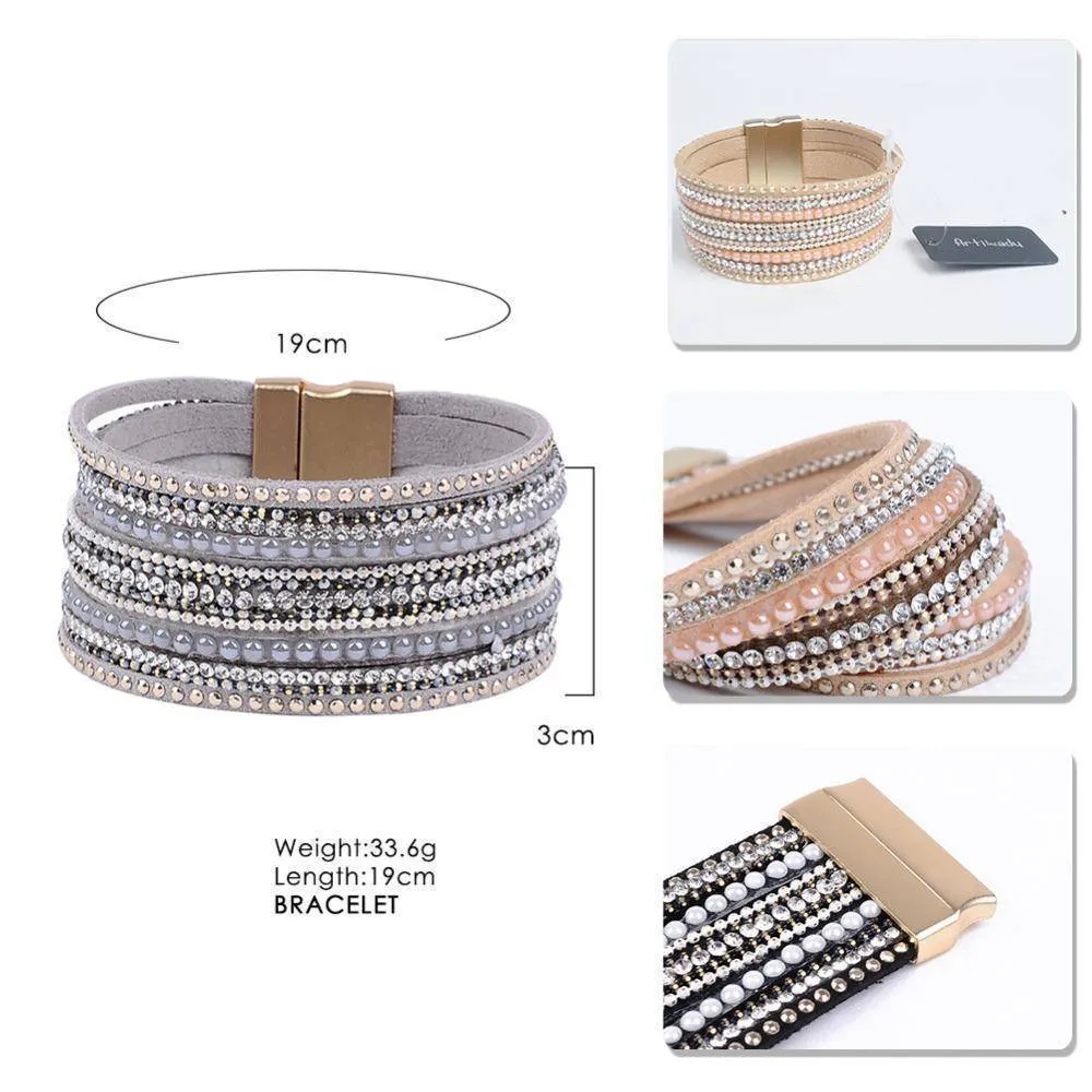 natural crystal bracelet luxury exclusive design genuine leather statement bangles for women with magic closure jewelry