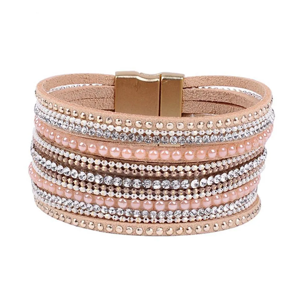 natural crystal bracelet luxury exclusive design genuine leather statement bangles for women with magic closure jewelry