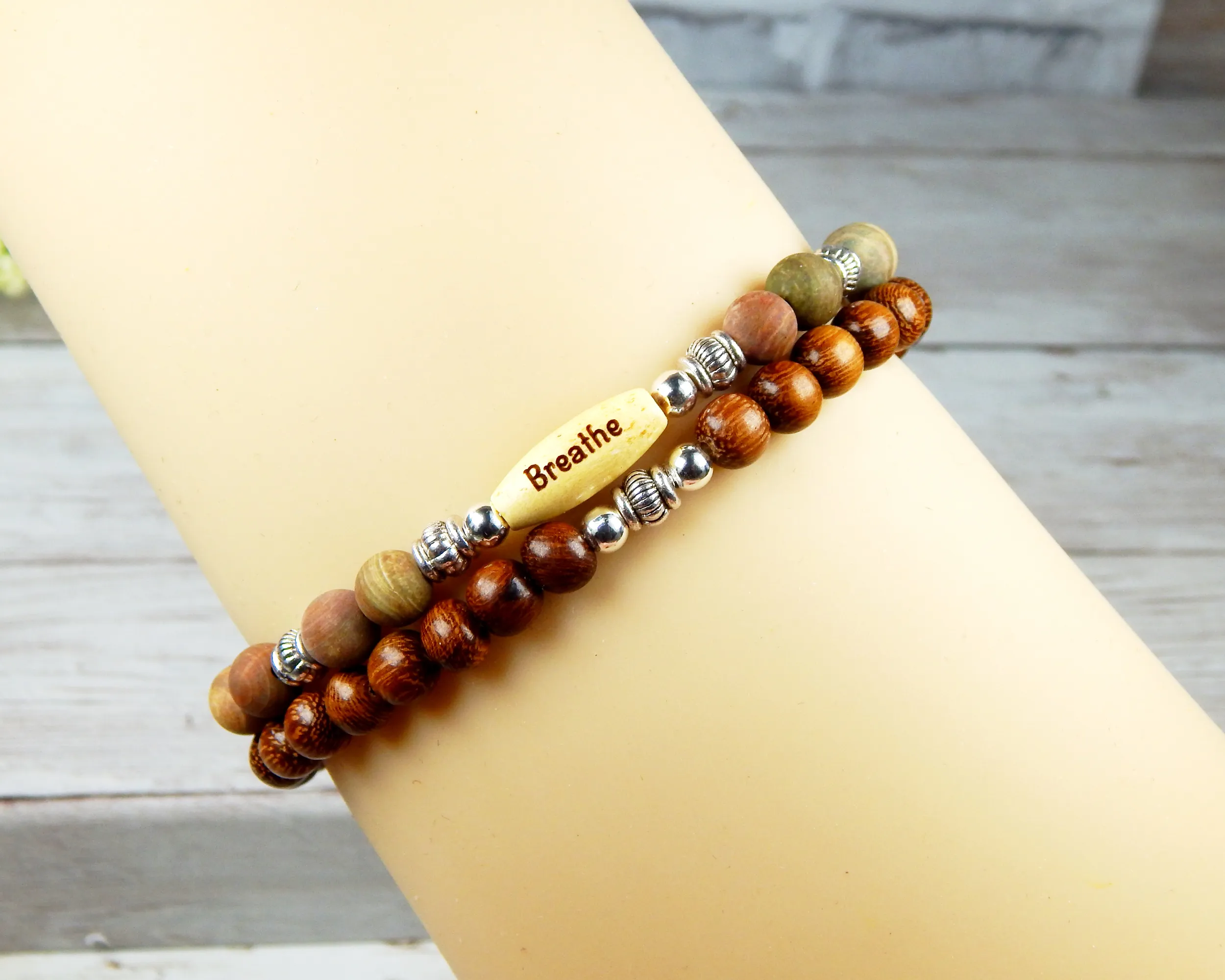 Natural Jasper and Wood Beaded Bracelet with Inspirational Word Bead