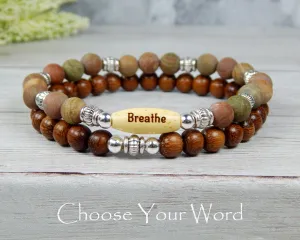 Natural Jasper and Wood Beaded Bracelet with Inspirational Word Bead