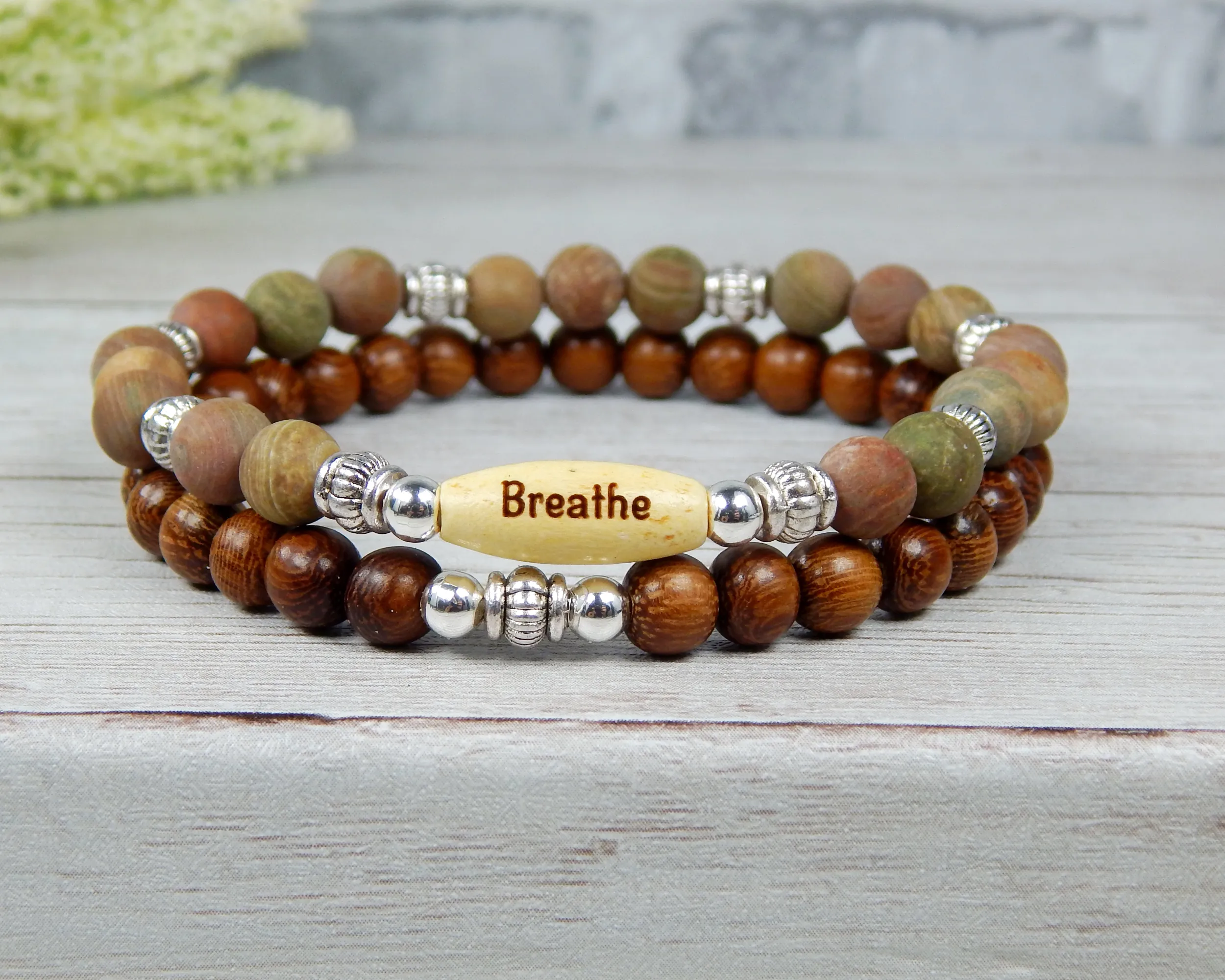 Natural Jasper and Wood Beaded Bracelet with Inspirational Word Bead