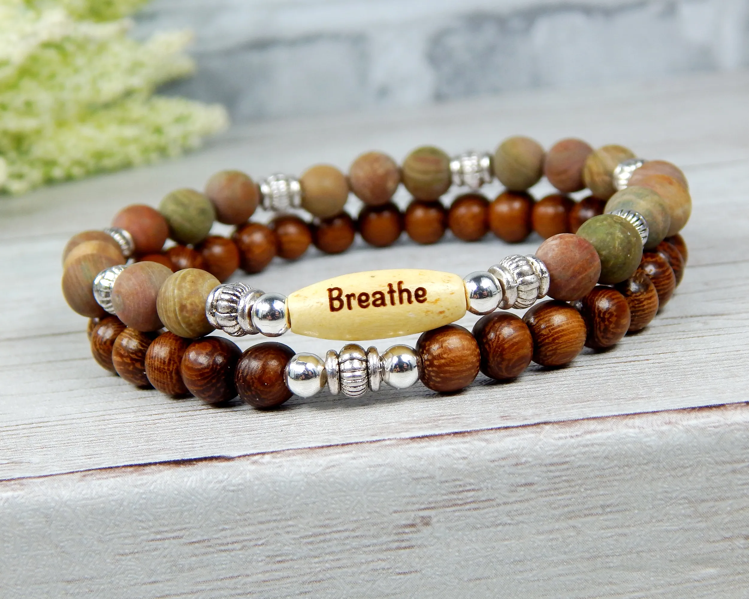 Natural Jasper and Wood Beaded Bracelet with Inspirational Word Bead