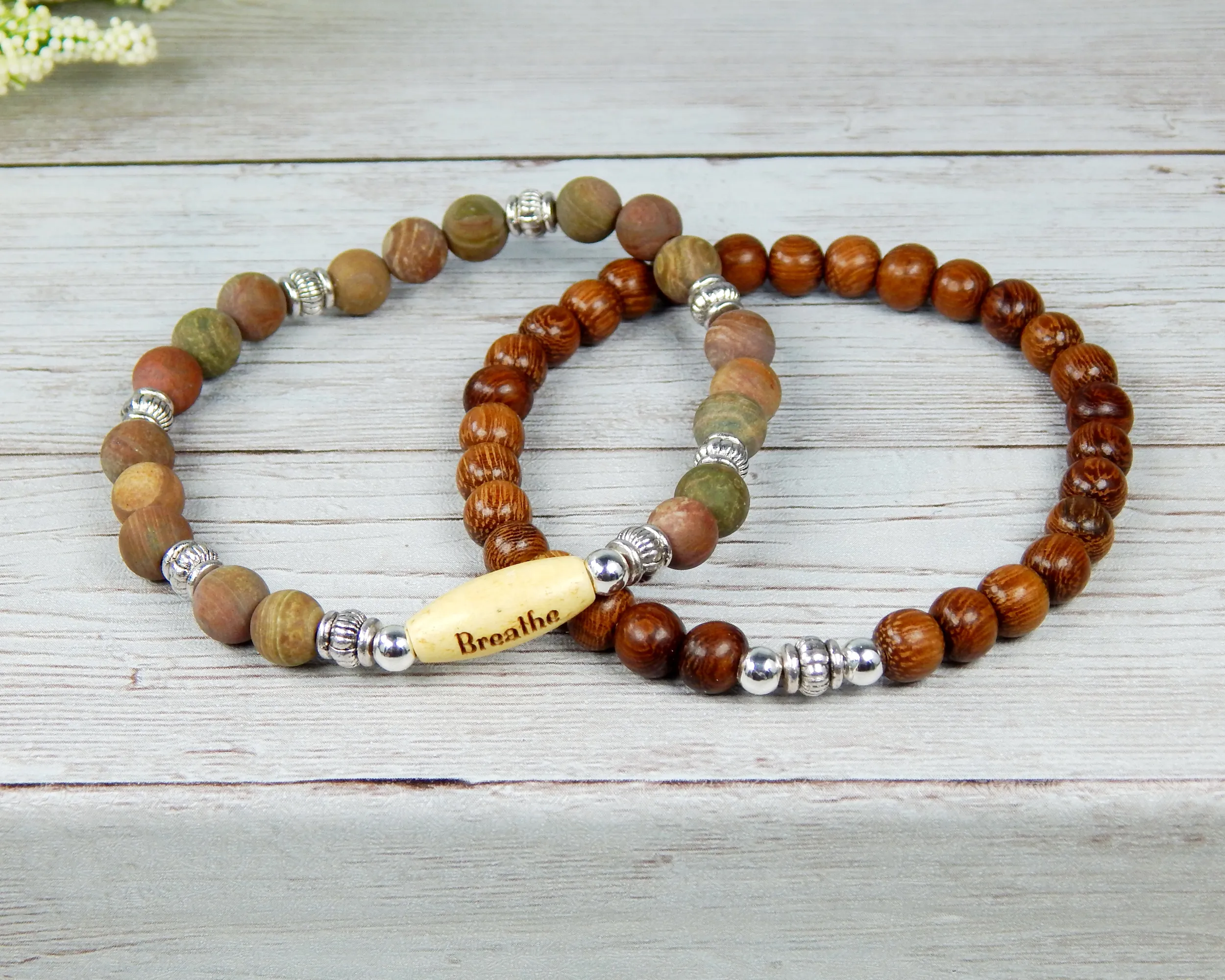 Natural Jasper and Wood Beaded Bracelet with Inspirational Word Bead