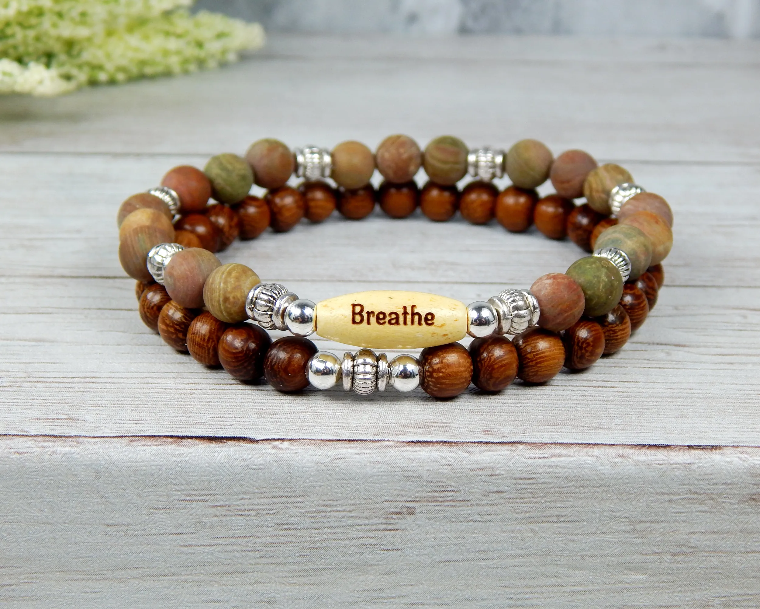 Natural Jasper and Wood Beaded Bracelet with Inspirational Word Bead