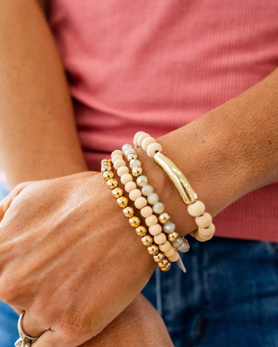 NEW! Gold and Natural Wooden Beaded Bracelet Set