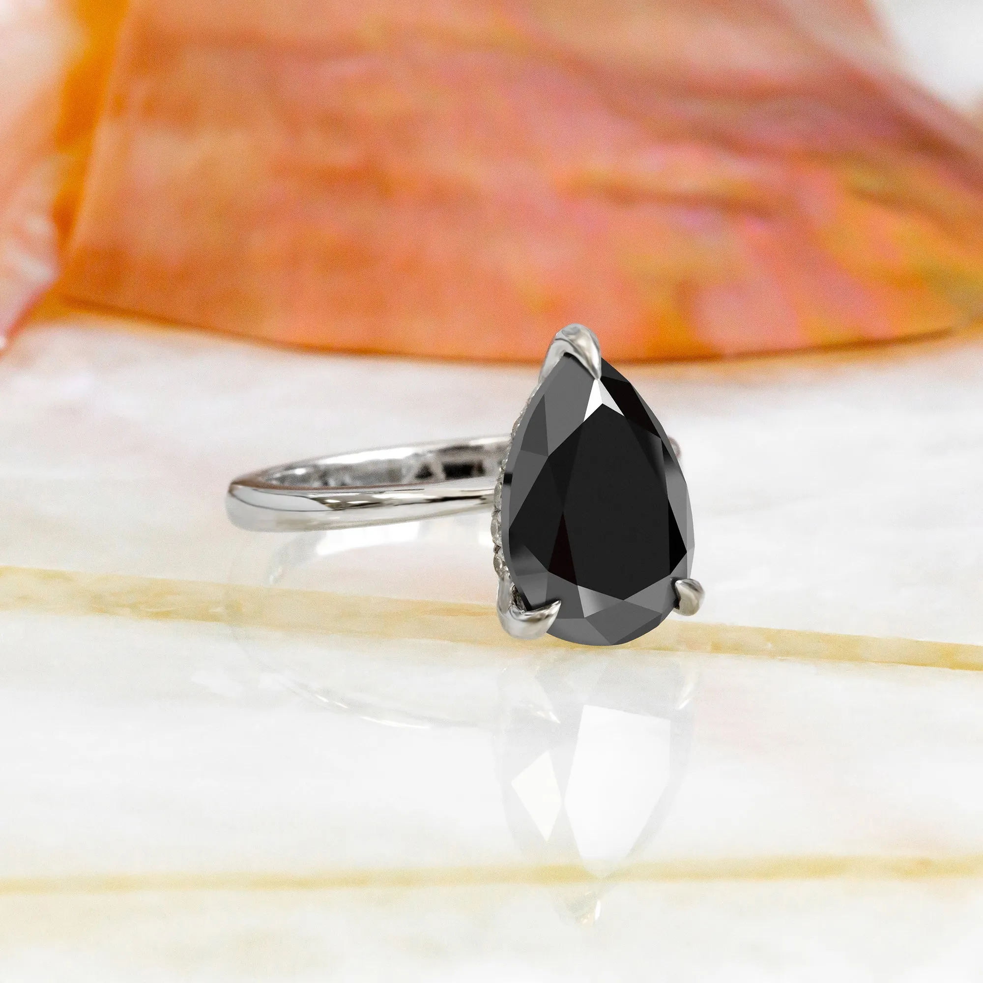 Noche Negra Hidden Halo Natural Black Diamond Pear Engagement Ring