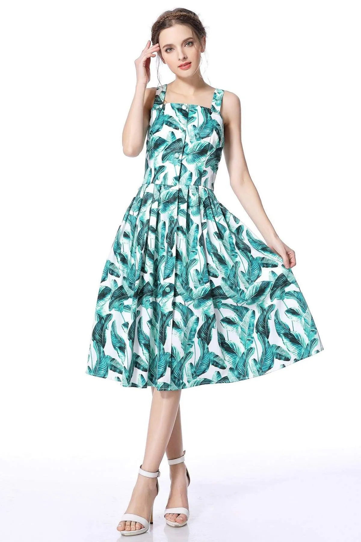 Palm Leaf Audrey Hepburn Strap Dress