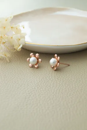 Pearl In A Flower Rose Gold Plated Sterling Silver Stud Earrings