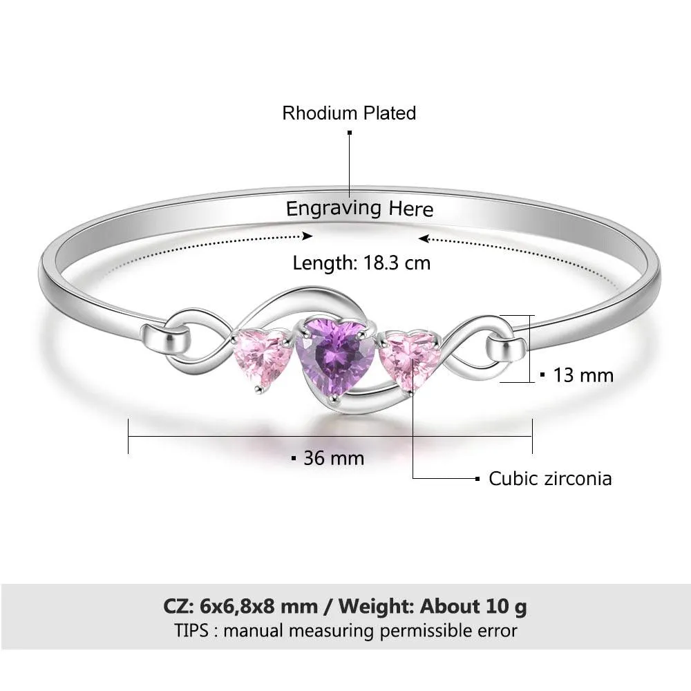 Personalized 3 Heart Birthstones Engraving Infinity Bangle Bracelet for Her