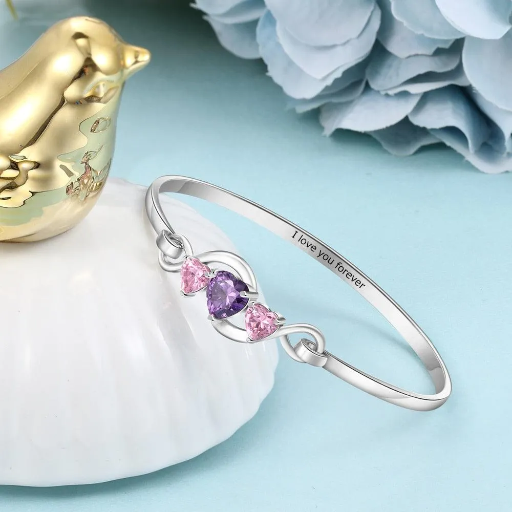 Personalized 3 Heart Birthstones Engraving Infinity Bangle Bracelet for Her