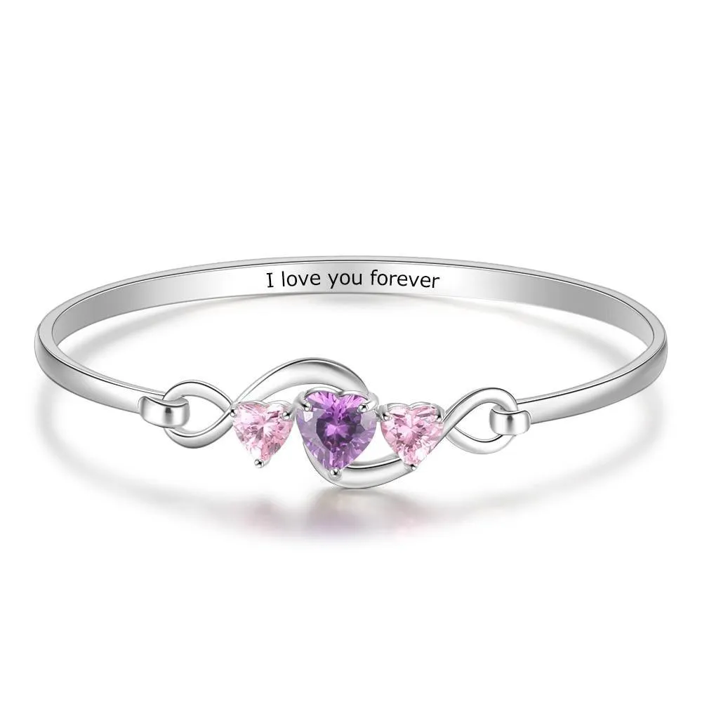 Personalized 3 Heart Birthstones Engraving Infinity Bangle Bracelet for Her