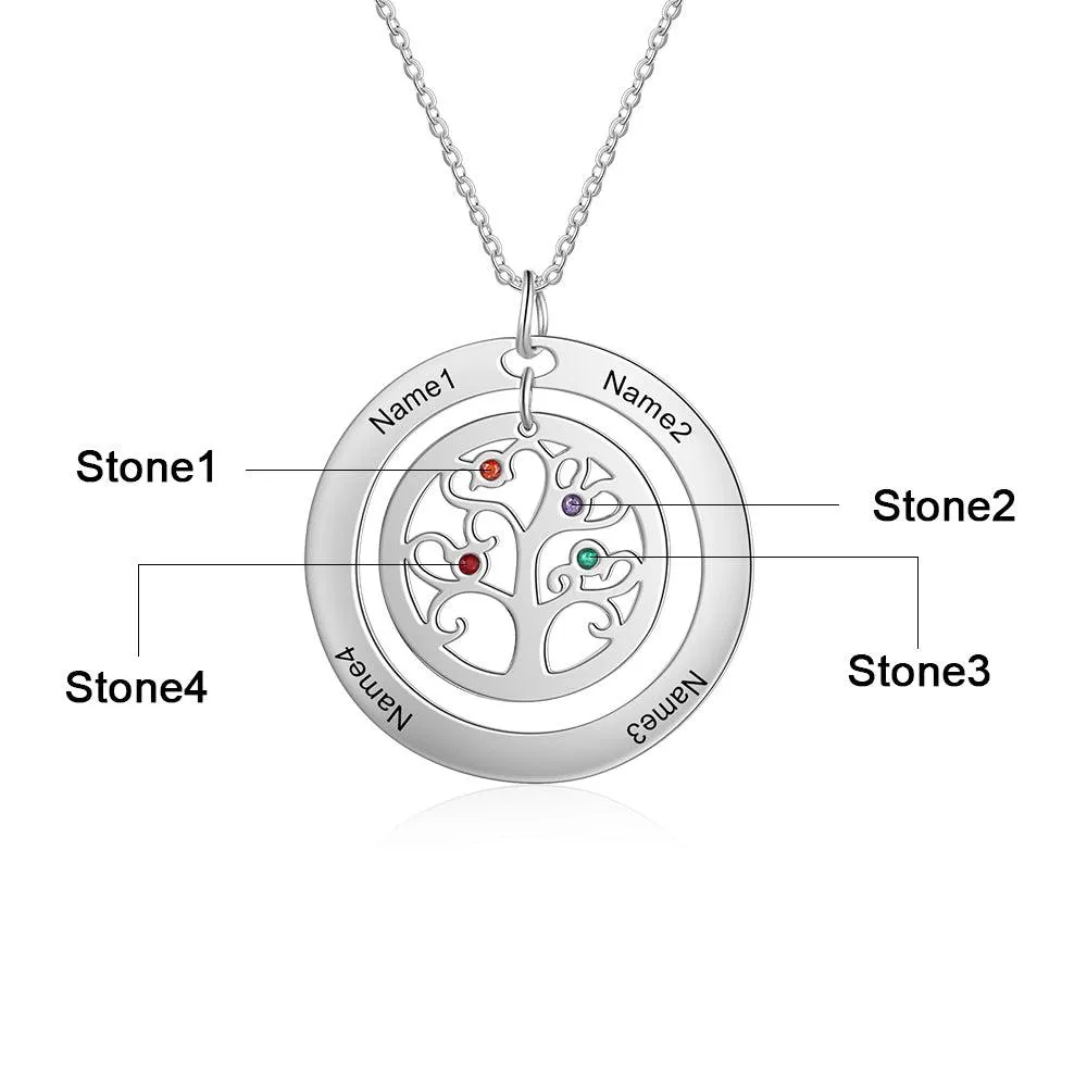 Personalized Stainless Steel Tree Of Life 4 Names & Birthstones Engraved Pendant Necklace, Fashion Jewelry Gift for Women